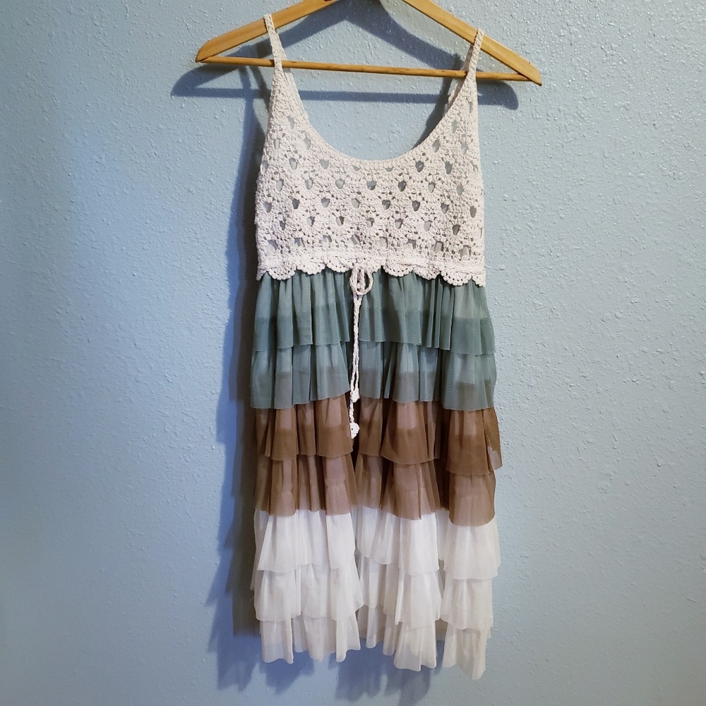 J Gee Boho Crochet Ruffle Chic Tulle Dress